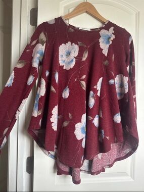 Cherish Burgundy Floral Scoop Neck Swing Sweater